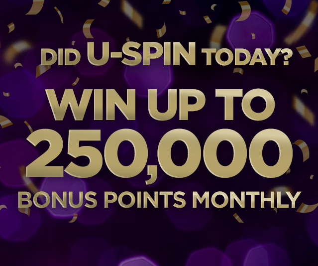 “Did U-Spin Today? Win Up To 250,000 Bonus Points Monthly” in the middle with blurred purple lights and gold confetti falling in the background