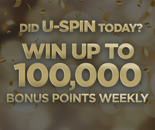 “Did U-Spin Today? Win Up To 100,000 Bonus Points Weekly” in the middle with blurred golden lights and confetti falling in the background 