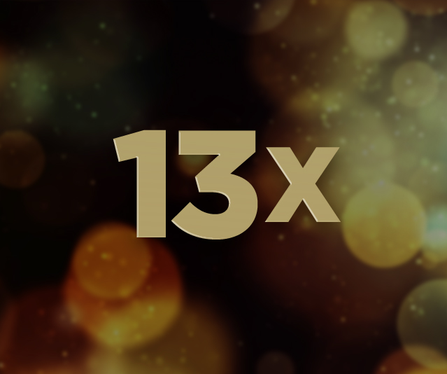  '13X' in the middle with an image of partially blurred gold lights in the background