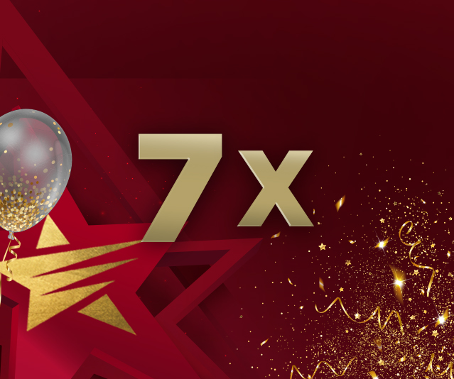 7x on in the middle of a background with confetti