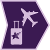 Purple arrow-shaped icon with a light purple airplane and suitcase with the Winner's Edge star logo on it.
