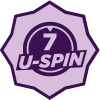 '7 U-Spin' on top of a graphic of a spinner in the middle of a purple polygon 