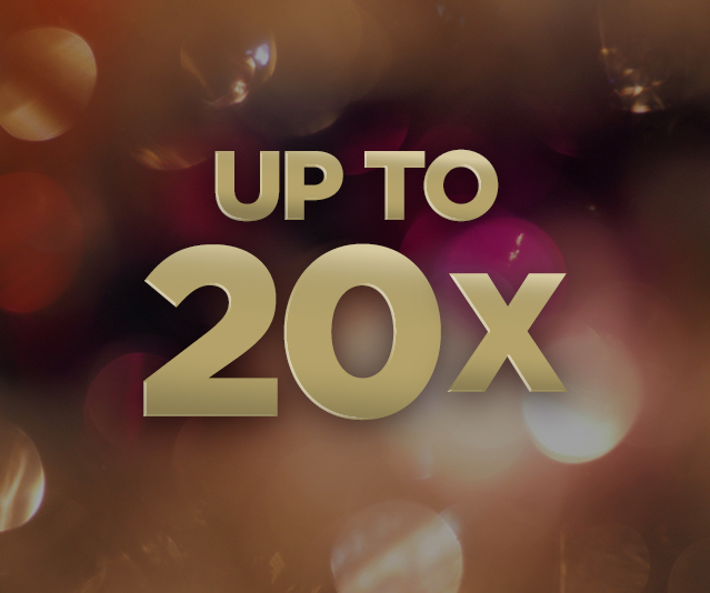 'Up to 20X' in the middle with partially blurred bubbles and lights in the background 