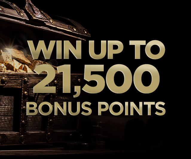 'Win up to 21,500 bonus points' in the middle of dark background and a close up treasure chest filled with gold