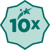 ‘10x’ with the Winner’s Edge star logo in the middle of a light and dark green polygon