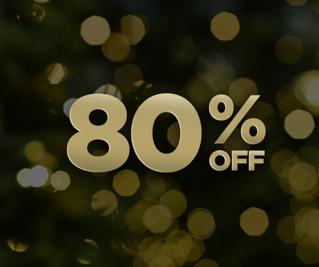 Gold text reading ‘80% off’ on a dark background with blurred golden lights.