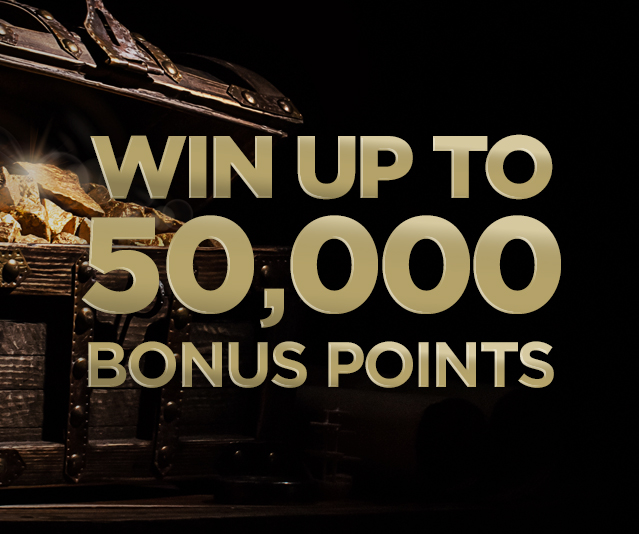 'Win up to 50,000 bonus points' in the middle of dark background and a close up treasure chest filled with gold