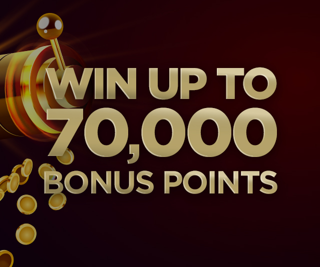 Gold slot machine handle with cascading coins on a dark background, featuring bold gold text that reads: ‘Win up to 70,000 bonus points.’