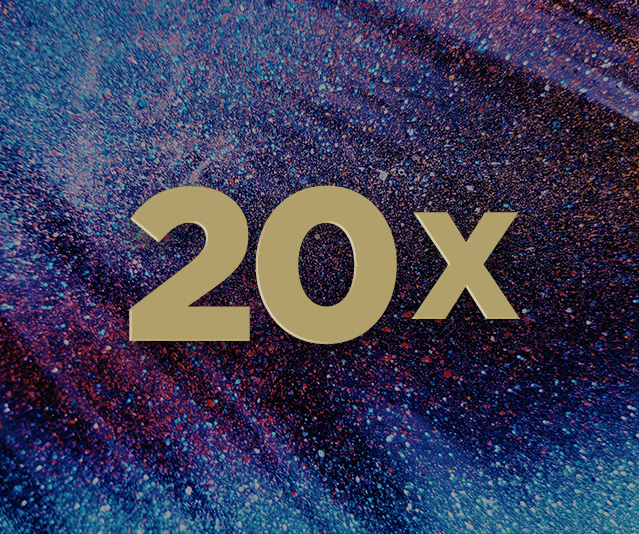 '20X' in the middle with blue and purple scattered cosmic glitter in the background