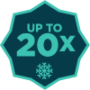 ‘UP T0 20X’ with a snowflake icon at the bottom in a dark teal polygon