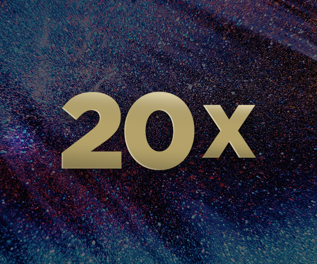 '20X' in the middle with blue and purple scattered cosmic glitter in the background