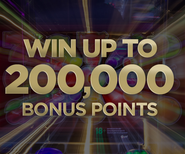 ‘Win up to 200,000 bonus points’ over a colorful, motion‑blurred slot‑machine background with bright streaks of light