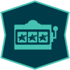 Teal slot machine icon with three star symbols displayed, inside a dark teal hexagon  