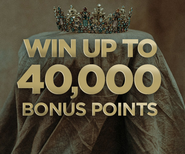 'Win up to 40,000 bonus points' over a background showing an ornate crown on a draped cloth